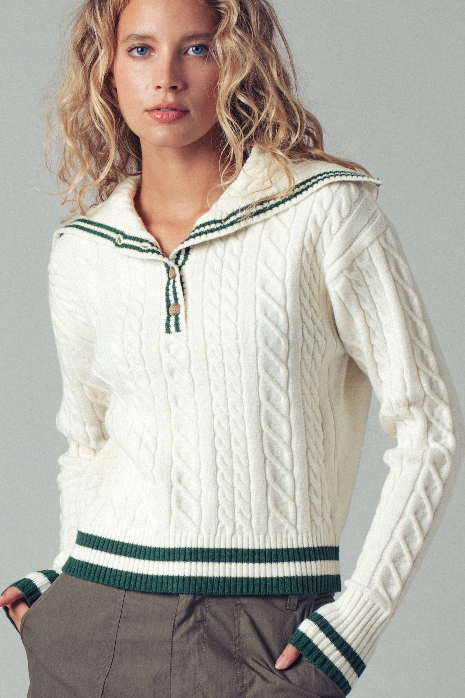 Urban Daizy - Striped Cable Knit Sailor Collar Sweater Ivory